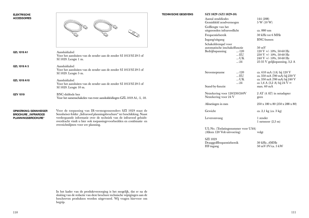 Sennheiser SZI 1029-10 manual Elektrische Accessoires, GZL 1019 A1 GZL 1019 a GZL 1019 A10 GZV, Technische Gegevens 