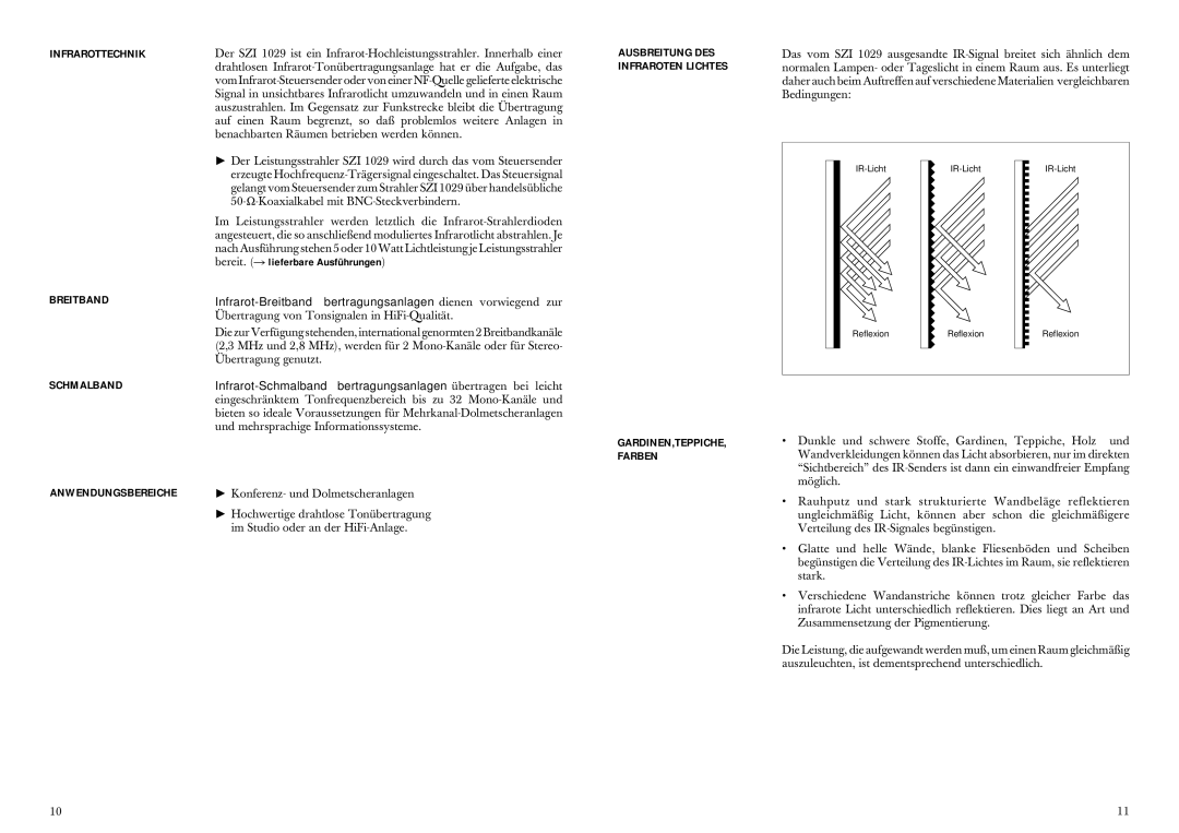 Sennheiser SZI 1029-10 manual Infrarottechnik Breitband Schmalband, Anwendungsbereiche 