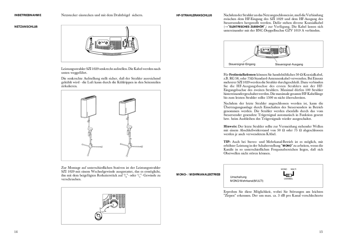 Sennheiser SZI 1029-10 manual Inbetriebnahme, NETZANSCHLUß, HF-STRAHLERANSCHLUß, MONO- / Mehrkanalbetrieb 