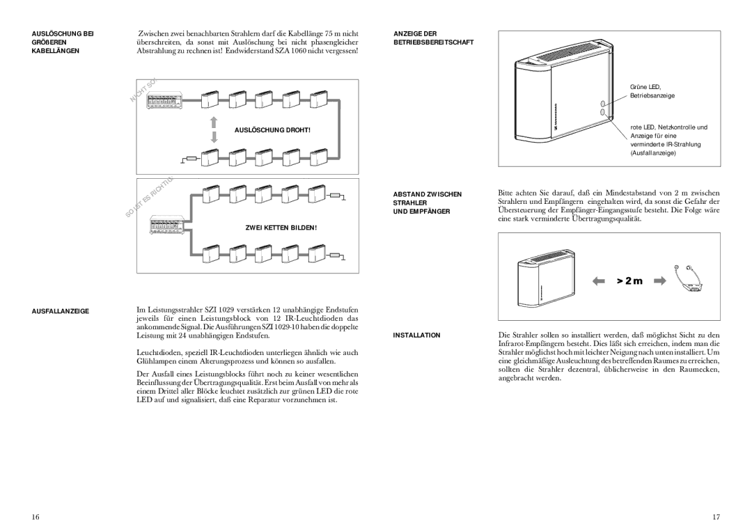 Sennheiser SZI 1029-10 manual Auslöschung BEI, GRÖßEREN, Kabellängen, Ausfallanzeige, UND Empfänger Installation 