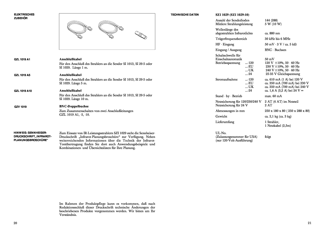 Sennheiser SZI 1029-10 manual ELEKTRISCHES ZUBEHÖR GZL 1019 A1 GZL 1019 A5, GZL 1019 A10 GZV, Technische Daten 