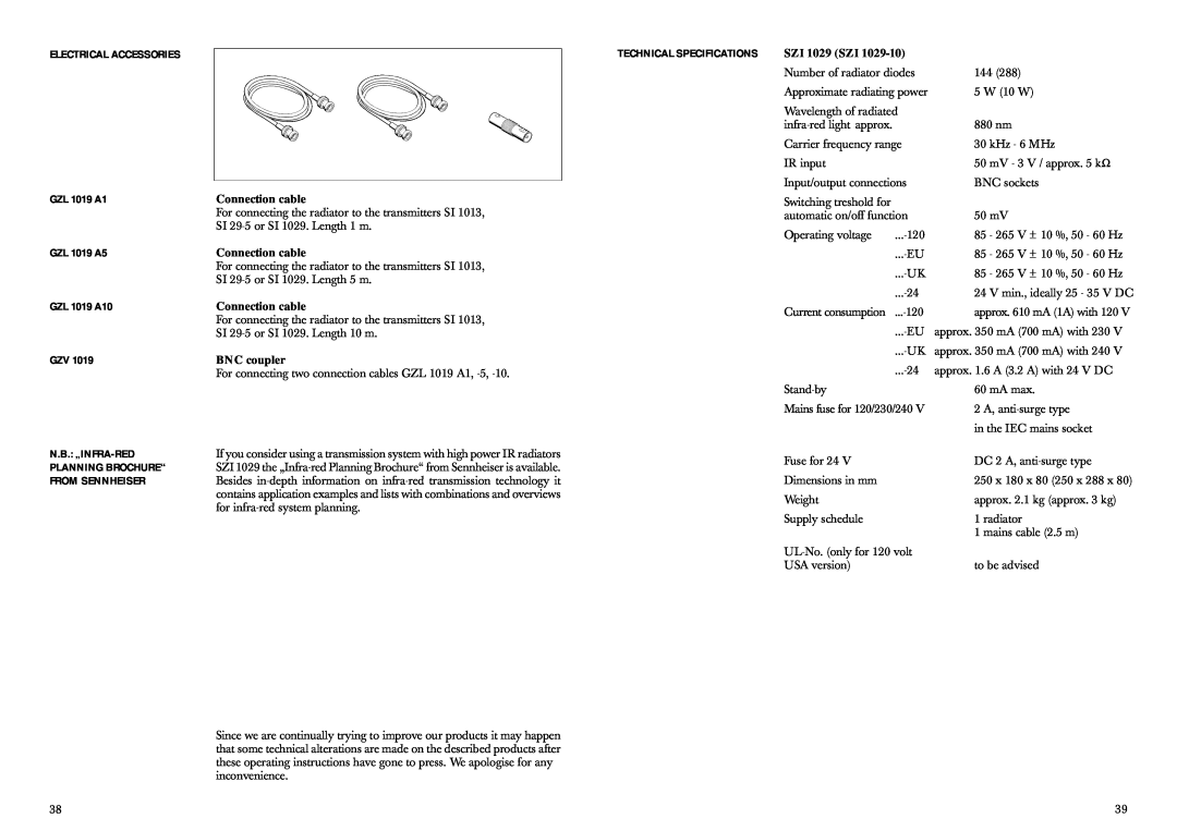 Sennheiser SZI 1029-10 manual Electrical Accessories, GZL 1019 A5, GZL 1019 A10, N.B. „Infra-Red, Planning Brochure“ 