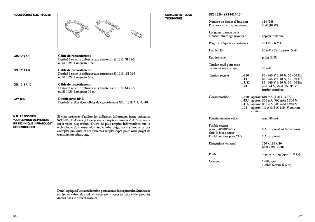 Sennheiser SZI 1029-10 manual Accessoires Électriques, GZL 1019 A 
