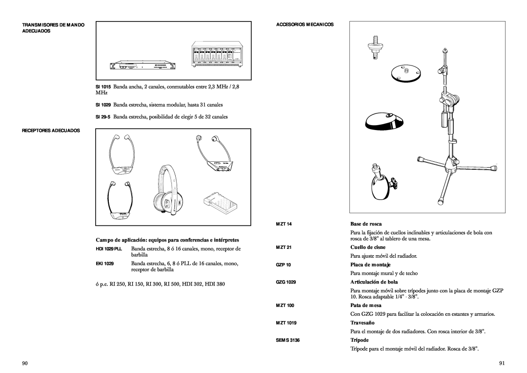 Sennheiser SZI 1029-10 manual Transmisores De Mando Adecuados, Receptores Adecuados, Accesorios Mecanicos, Sems 