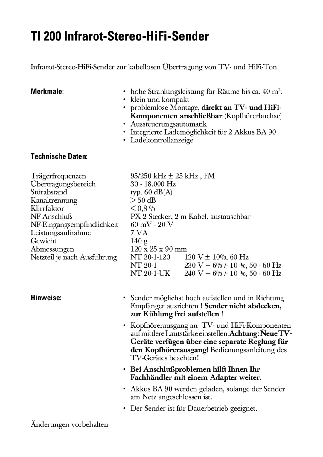 Sennheiser manual TI 200 Infrarot-Stereo-HiFi-Sender, Merkmale, Technische Daten, Hinweise 