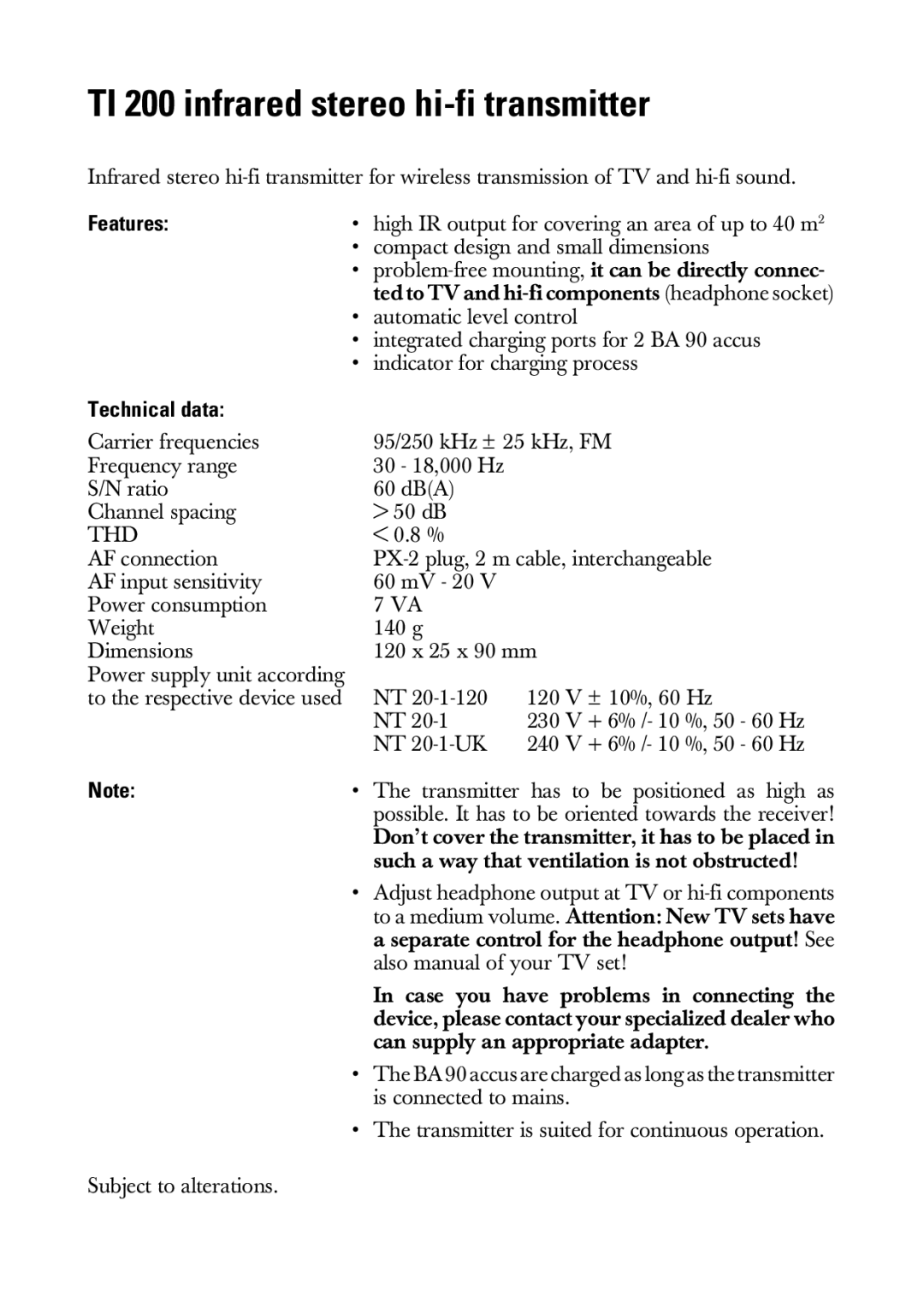 Sennheiser manual TI 200 infrared stereo hi-fi transmitter, Features, Technical data 