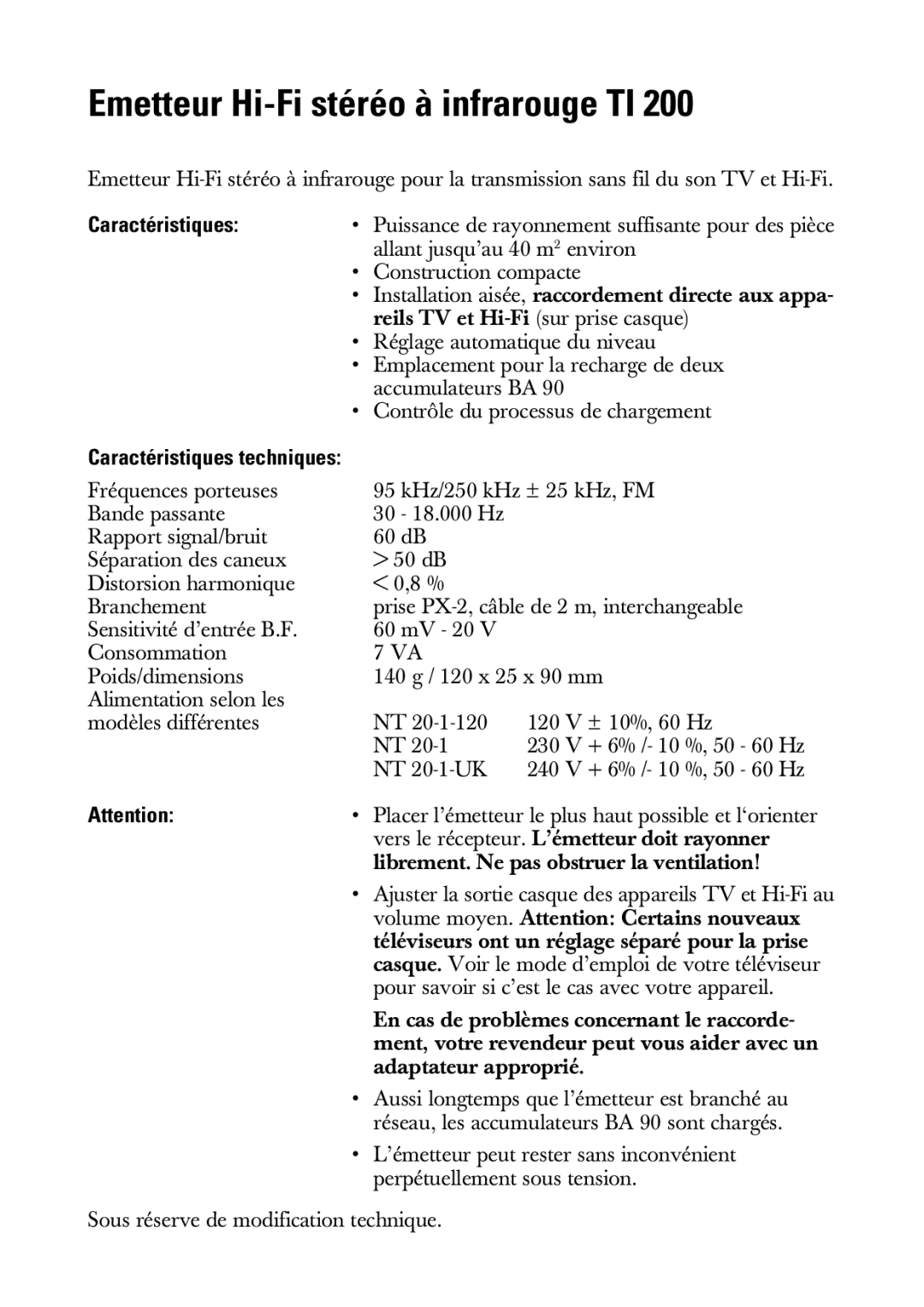 Sennheiser TI 200 manual Emetteur Hi-Fi stéréo à infrarouge TI, Caractéristiques 