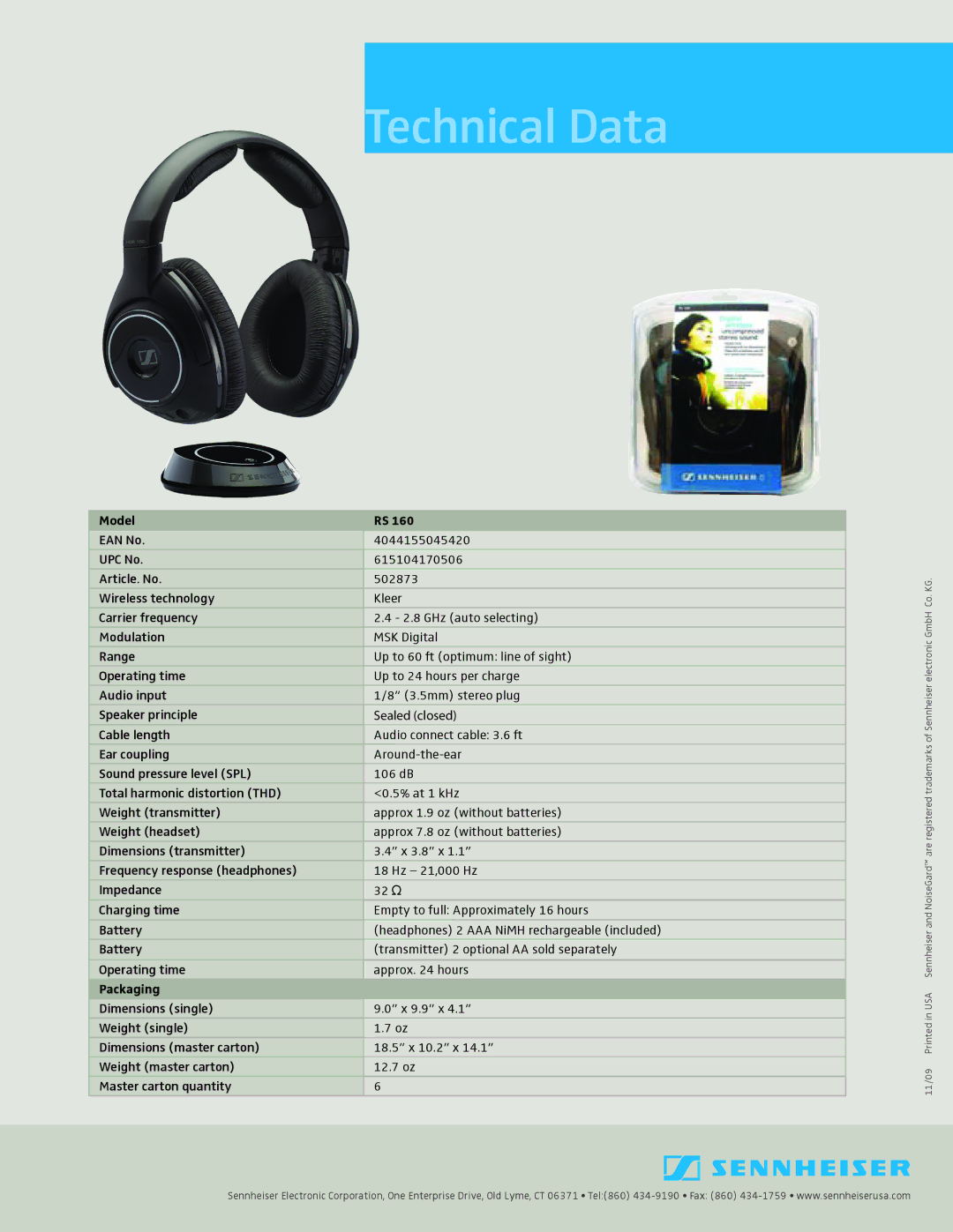 Sennheiser TX 160, HDR160 manual Technical Data, Model, Packaging 