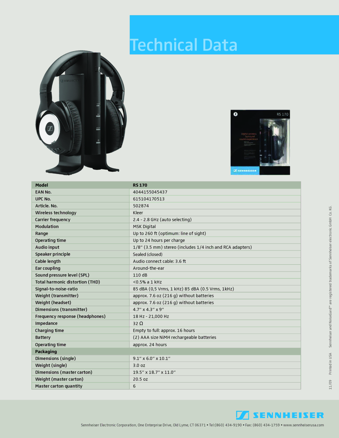 Sennheiser TX 170, HDR170 manual Technical Data, Model, Packaging 