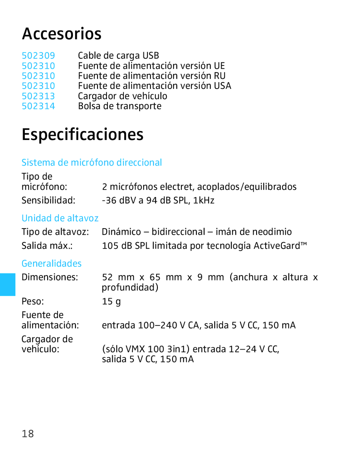 Sennheiser VMX 100 instruction manual Accesorios, Especificaciones 