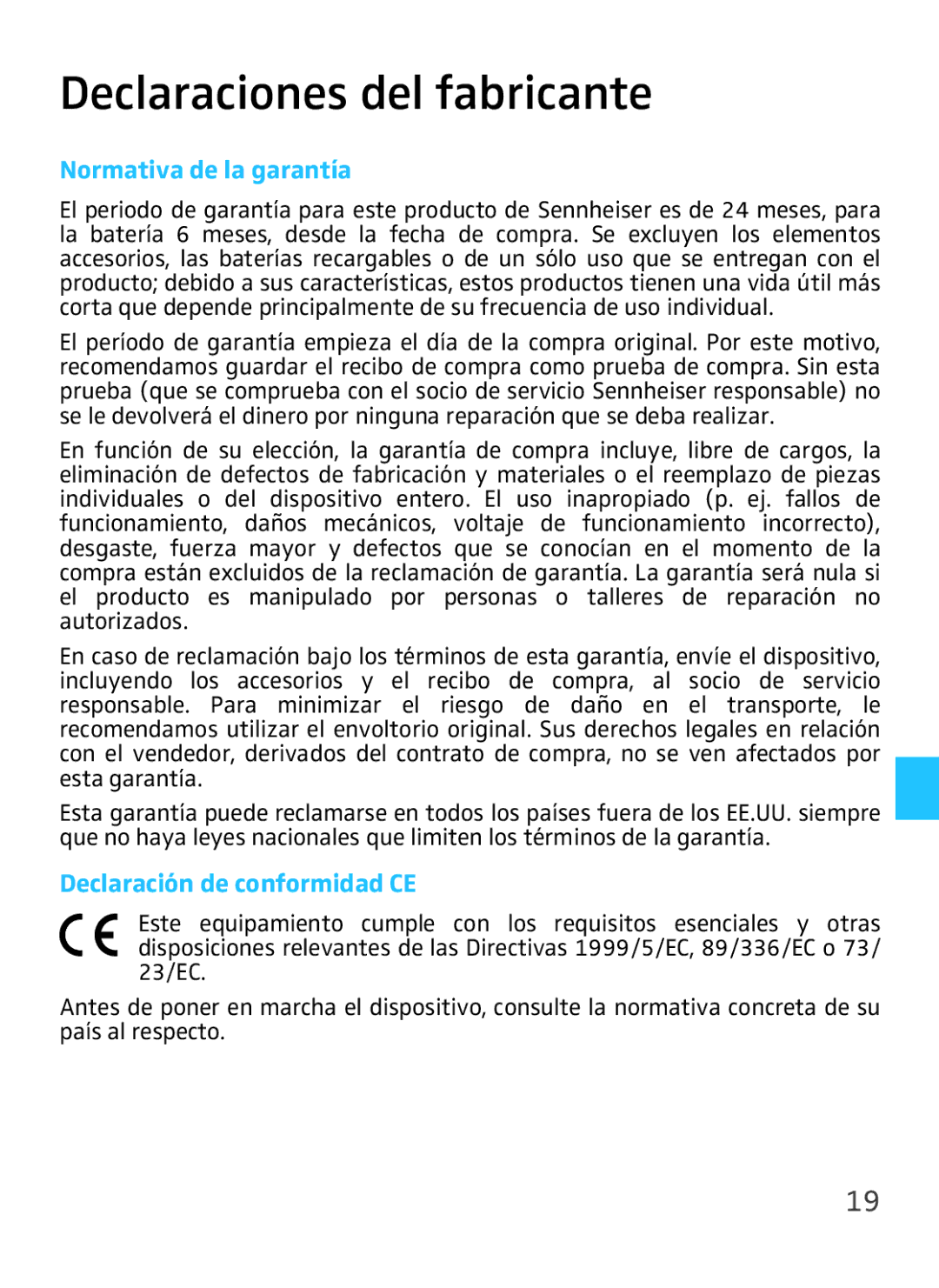 Sennheiser VMX 100 instruction manual Declaraciones del fabricante, Normativa de la garantía, Declaración de conformidad CE 