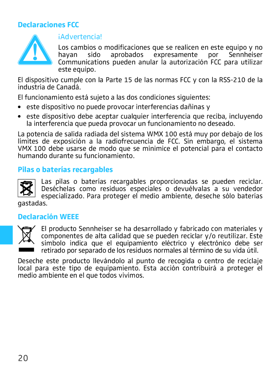 Sennheiser VMX 100 instruction manual Declaraciones FCC, Pilas o baterías recargables, Declaración Weee 