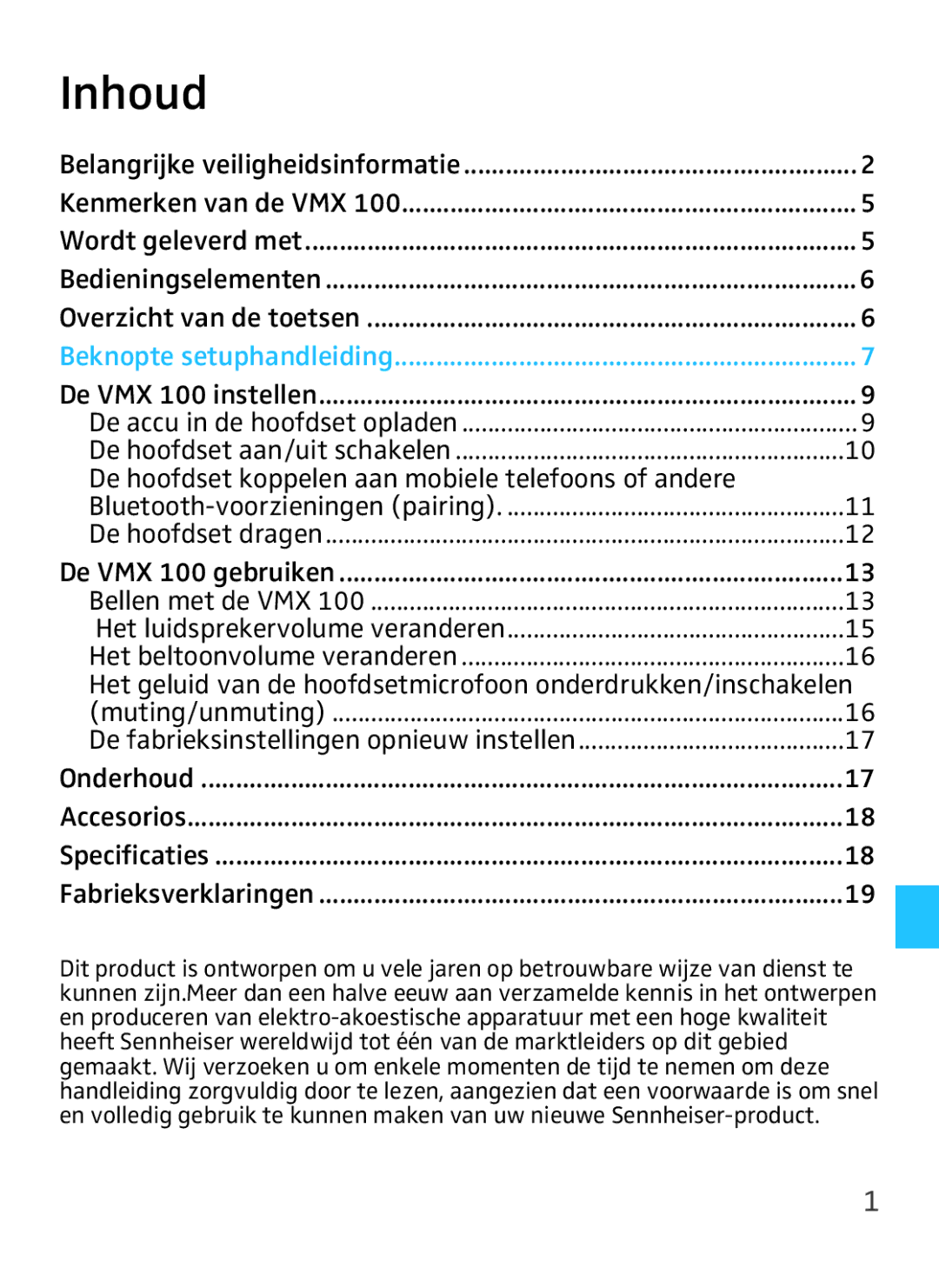 Sennheiser VMX 100 instruction manual Inhoud, De hoofdset koppelen aan mobiele telefoons of andere 