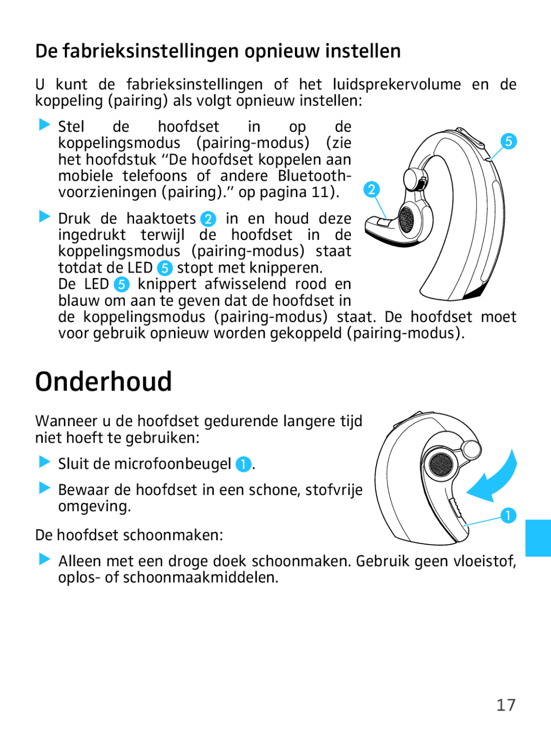 Sennheiser VMX 100 instruction manual Onderhoud, De fabrieksinstellingen opnieuw instellen 