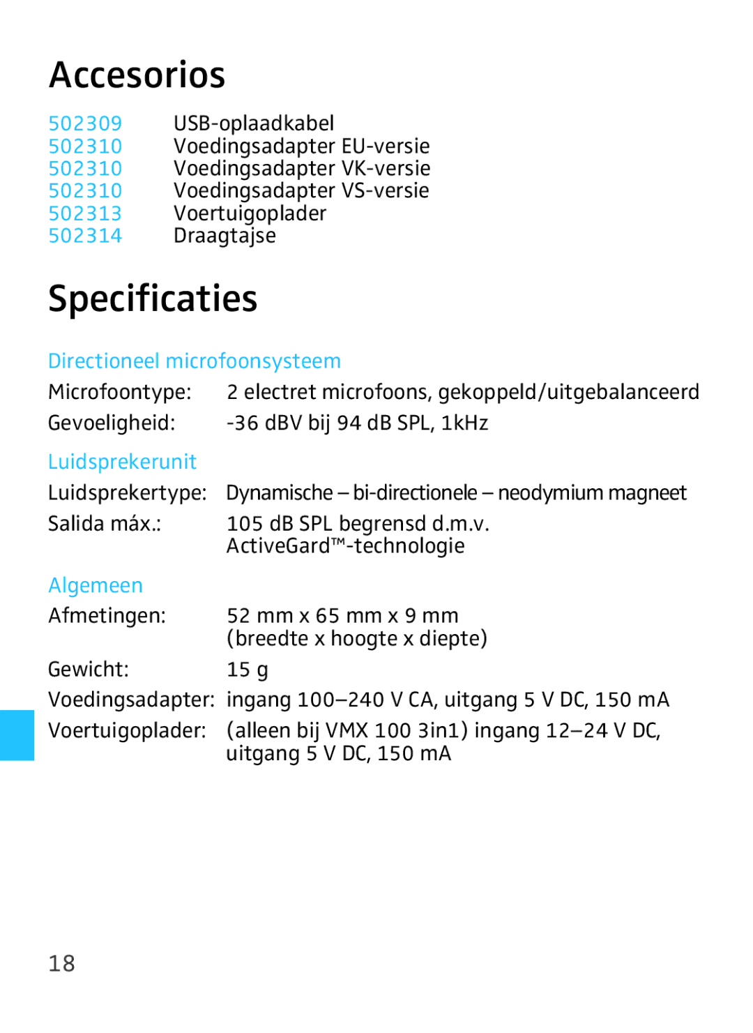 Sennheiser VMX 100 instruction manual Specificaties 