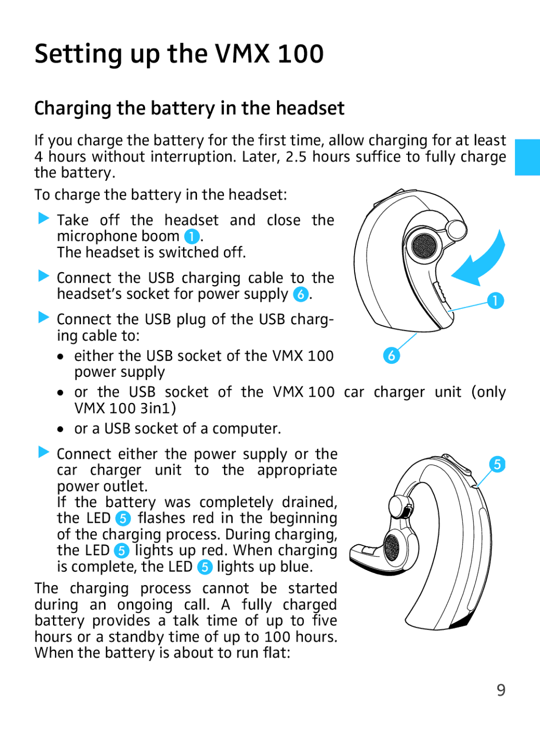 Sennheiser VMX 100 Setting up the VMX, Charging the battery in the headset, Headset’s socket for power supply 