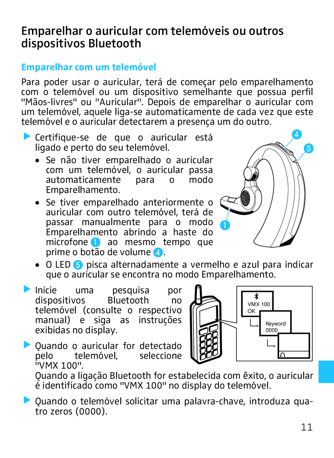 Sennheiser VMX 100 instruction manual Emparelhar com um telemóvel 