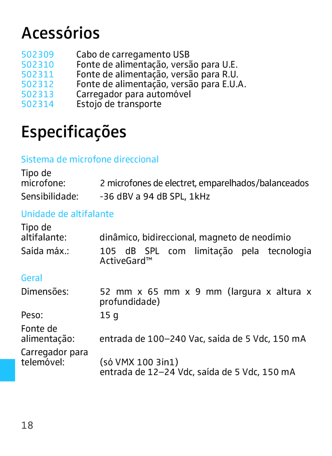 Sennheiser VMX 100 instruction manual Acessórios, Especificações, Tipo de Microfone, Sensibilidade DBV a 94 dB SPL, 1kHz 