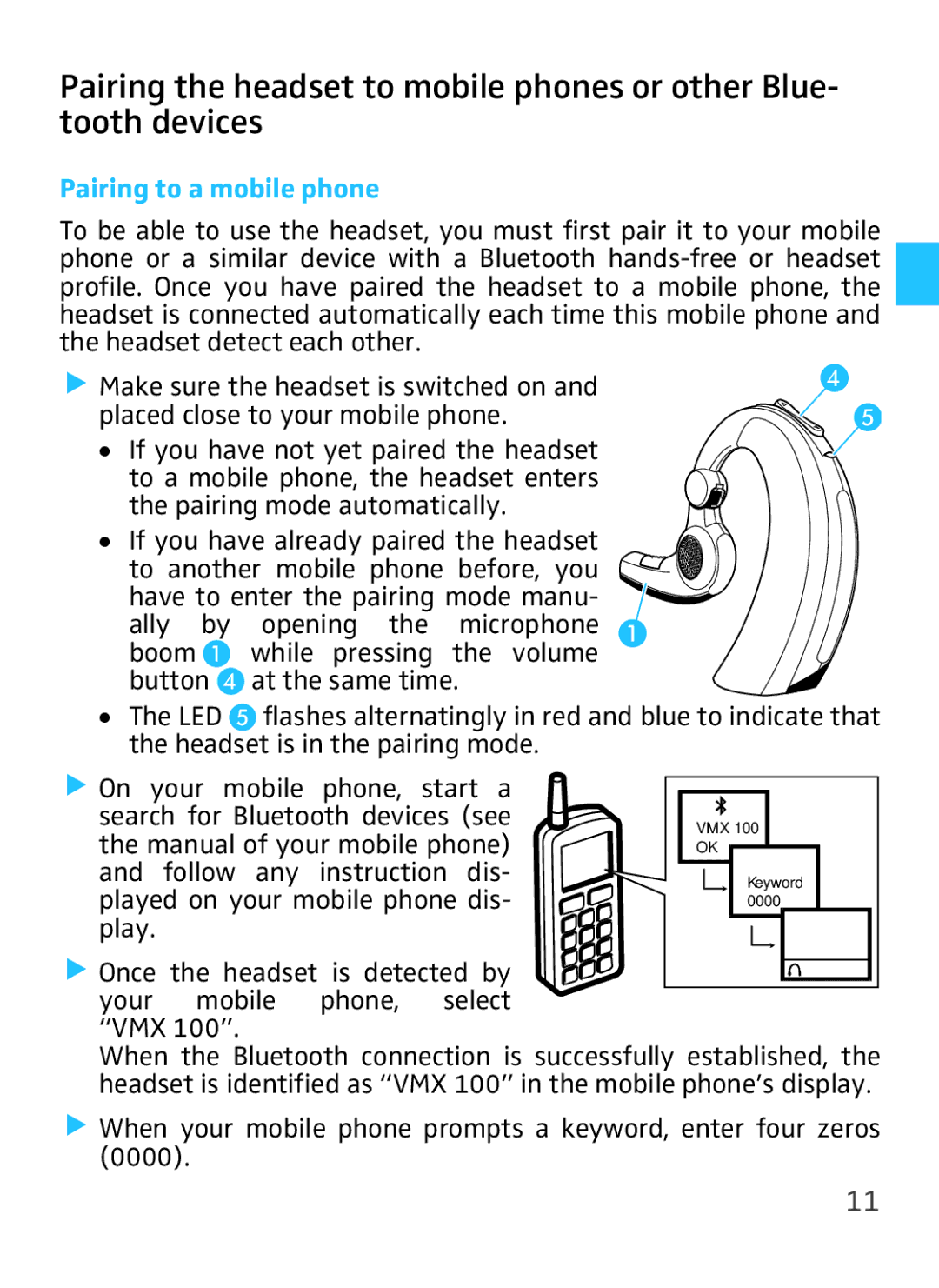 Sennheiser VMX 100 instruction manual Pairing to a mobile phone 