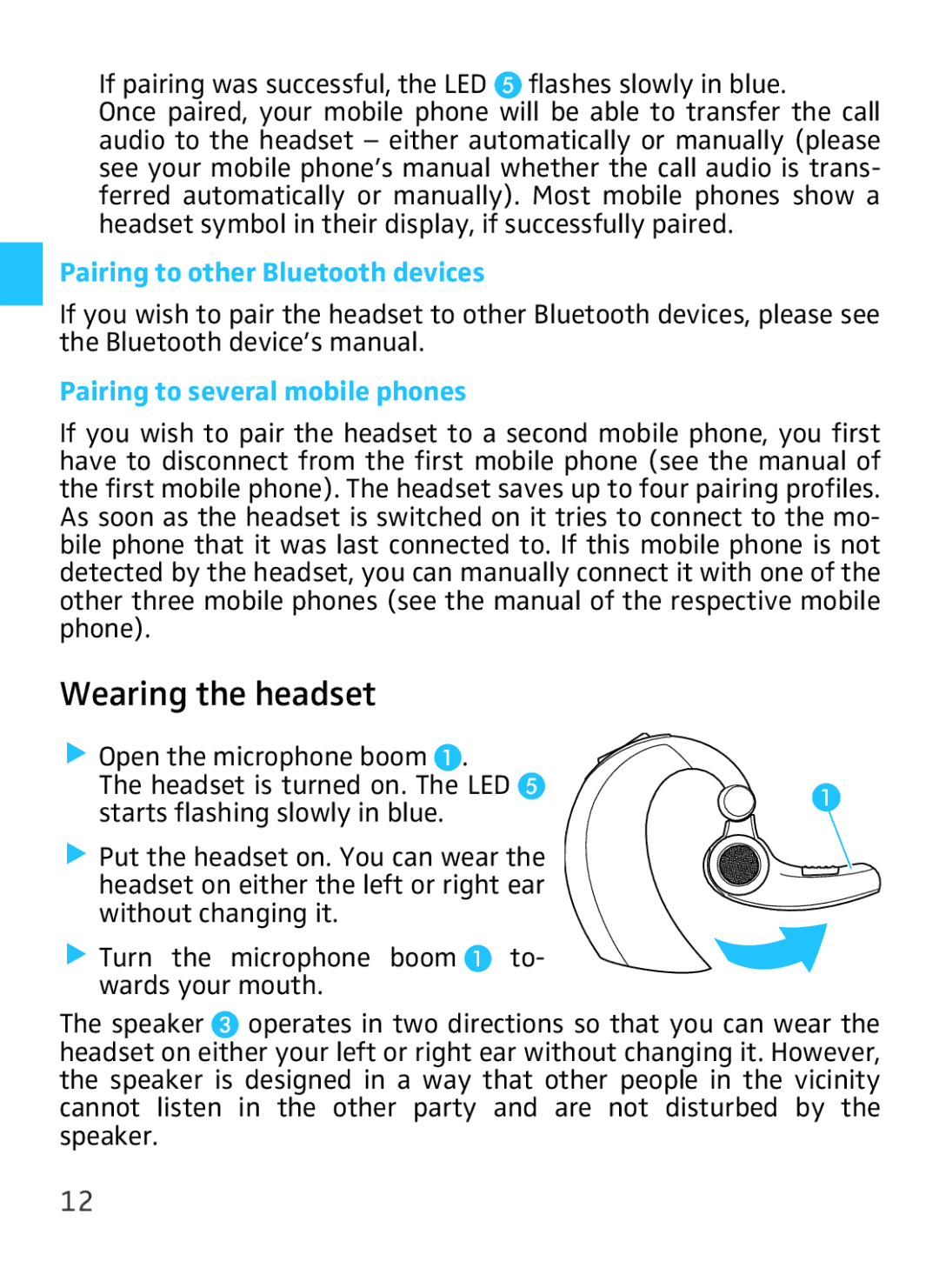 Sennheiser VMX 100 Wearing the headset, Pairing to other Bluetooth devices, Pairing to several mobile phones 