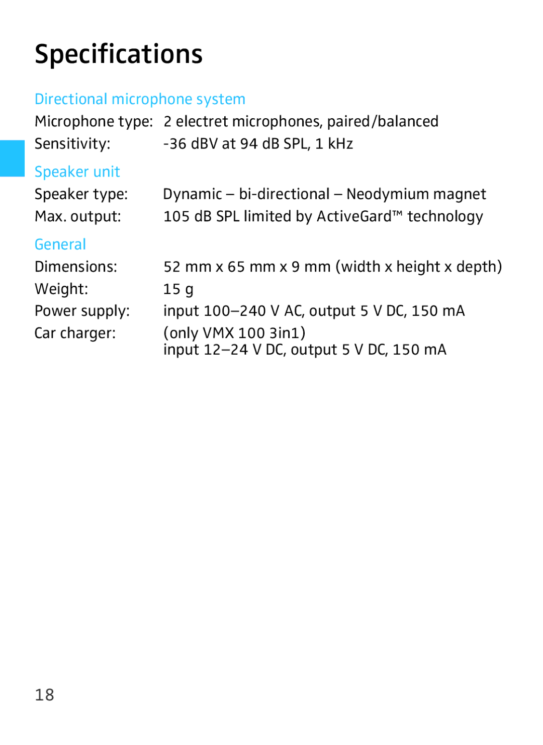 Sennheiser VMX 100 instruction manual Specifications, Dimensions 