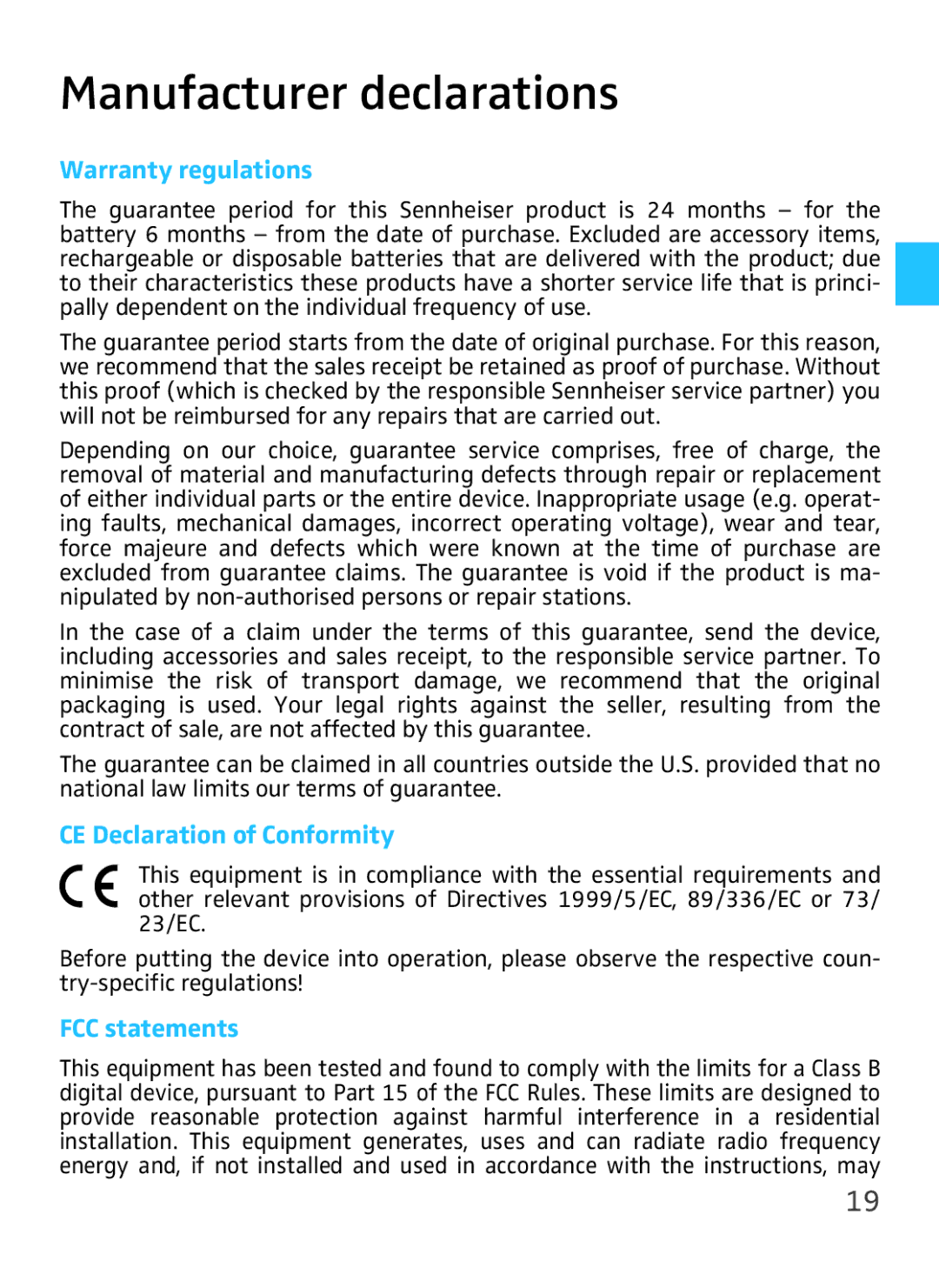 Sennheiser VMX 100 Manufacturer declarations, Warranty regulations, CE Declaration of Conformity, FCC statements 