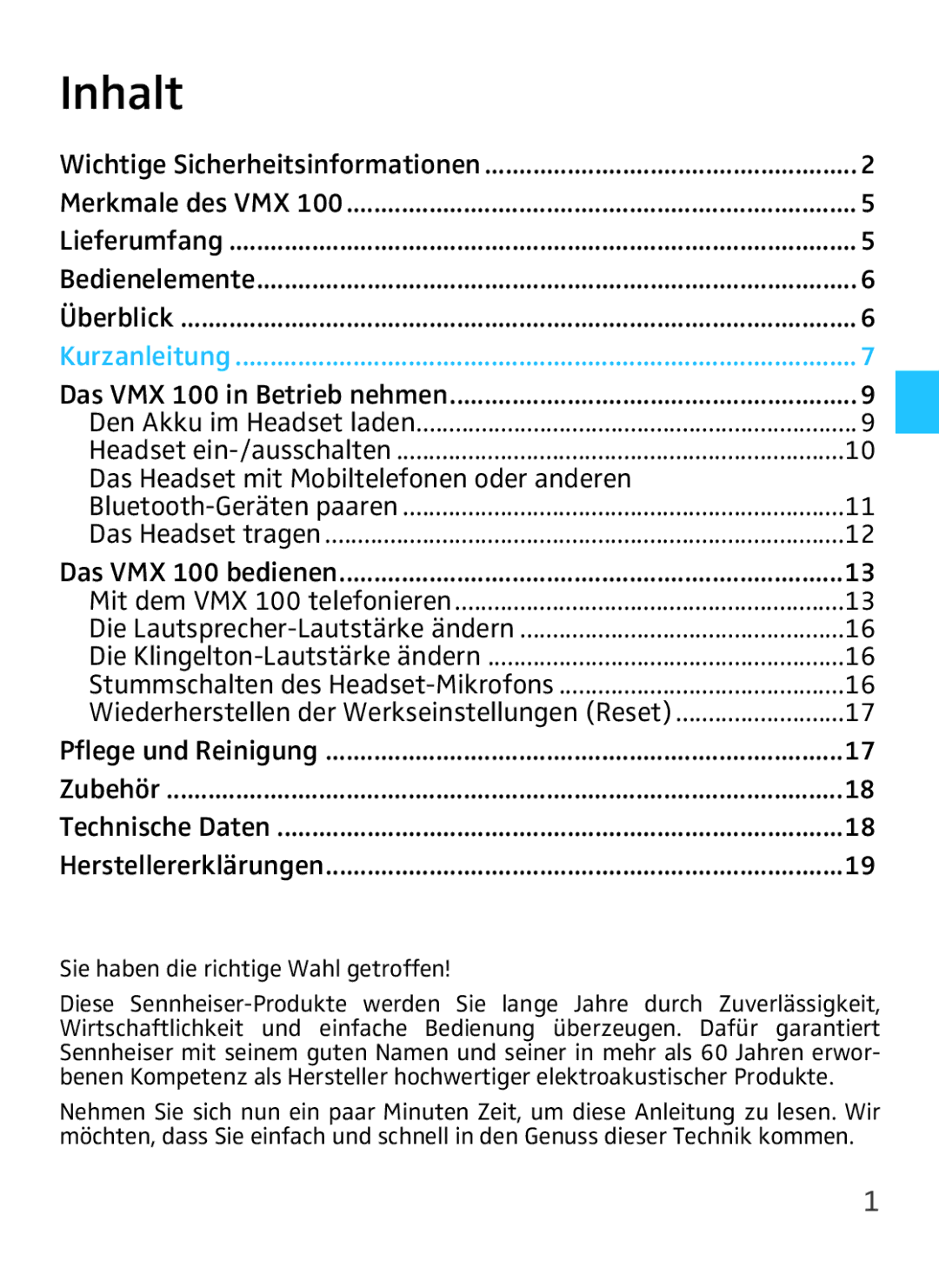 Sennheiser VMX 100 instruction manual Inhalt, Das Headset mit Mobiltelefonen oder anderen 