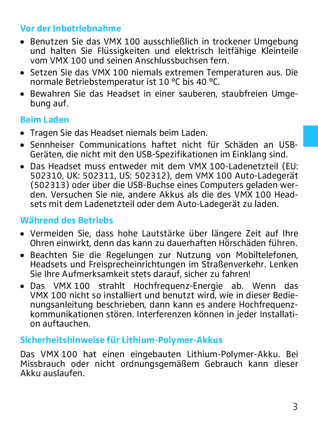 Sennheiser VMX 100 Vor der Inbetriebnahme, Beim Laden, Während des Betriebs, Sicherheitshinweise für Lithium-Polymer-Akkus 