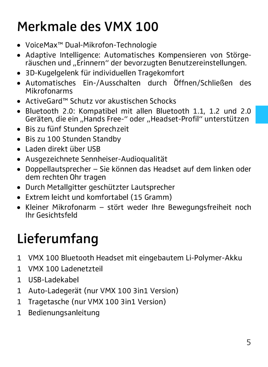 Sennheiser VMX 100 instruction manual Merkmale des VMX, Lieferumfang, VoiceMax Dual-Mikrofon-Technologie 