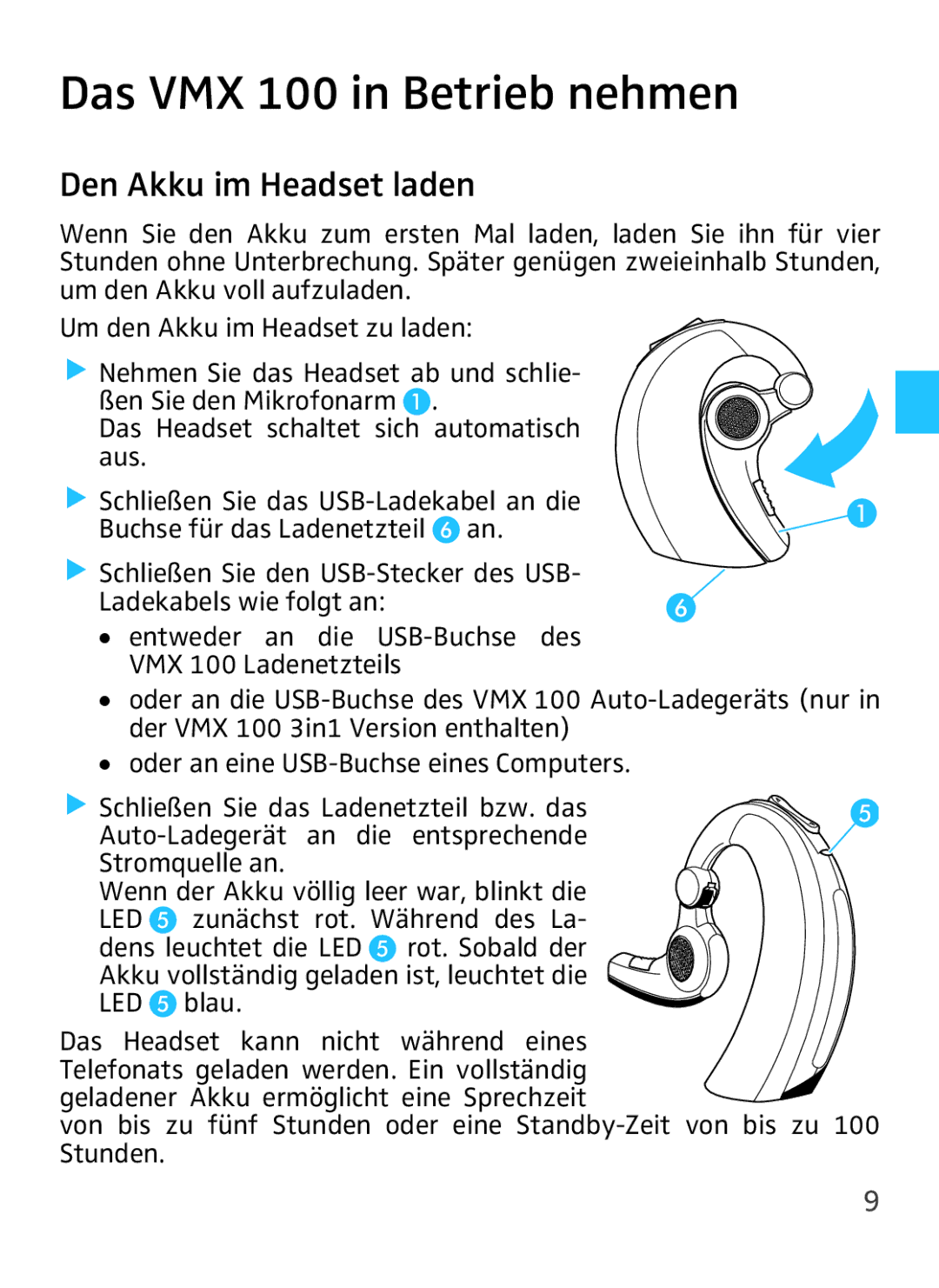 Sennheiser instruction manual Das VMX 100 in Betrieb nehmen, Den Akku im Headset laden 