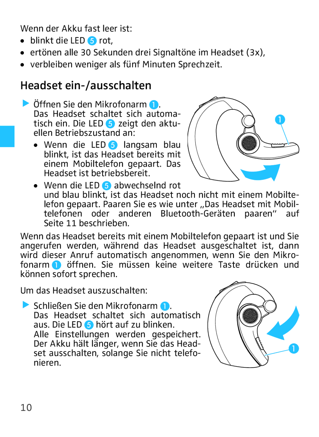 Sennheiser VMX 100 instruction manual Headset ein-/ausschalten, Öffnen Sie den Mikrofonarm 