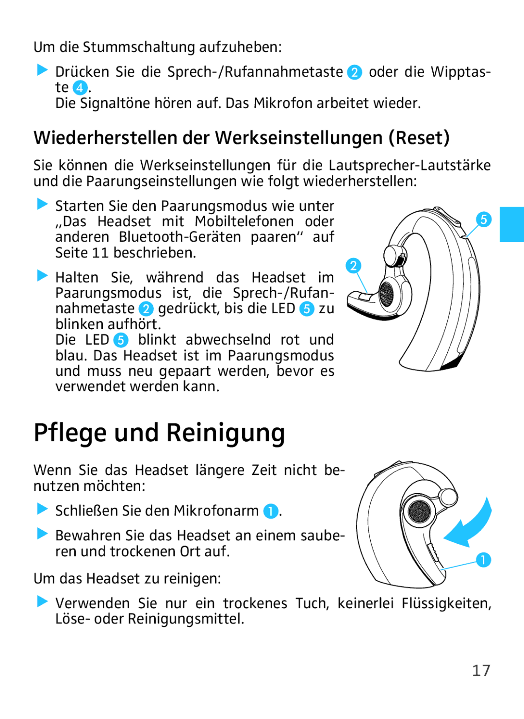 Sennheiser VMX 100 instruction manual Pflege und Reinigung, Wiederherstellen der Werkseinstellungen Reset 