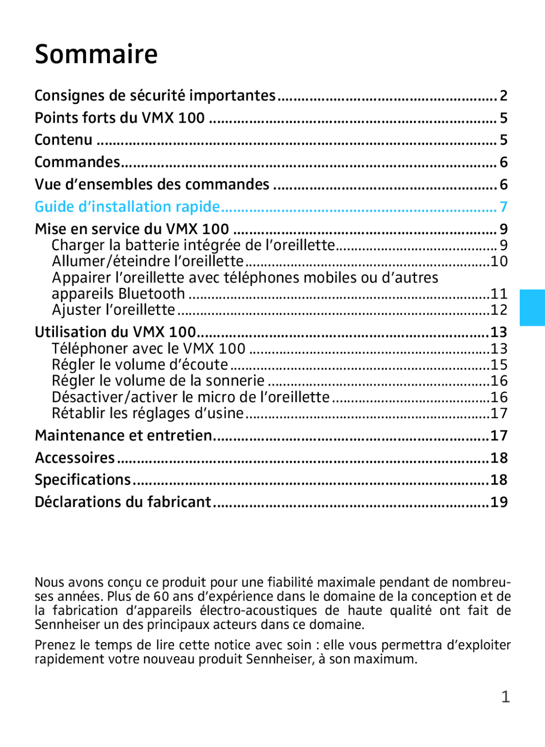 Sennheiser VMX 100 instruction manual Sommaire, Appairer l’oreillette avec téléphones mobiles ou d’autres 