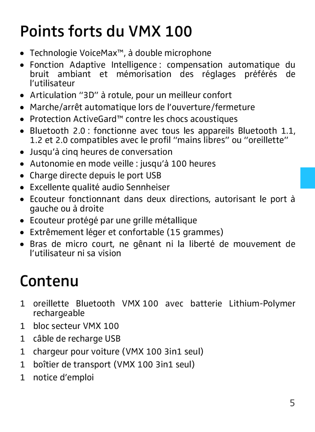 Sennheiser VMX 100 instruction manual Points forts du VMX, Contenu 