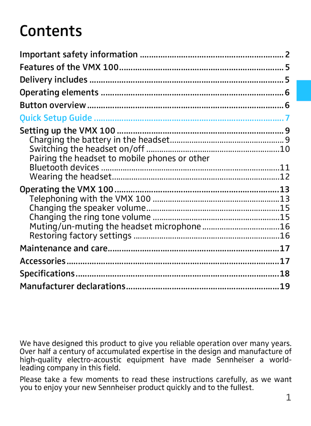 Sennheiser VMX 100 instruction manual Contents 