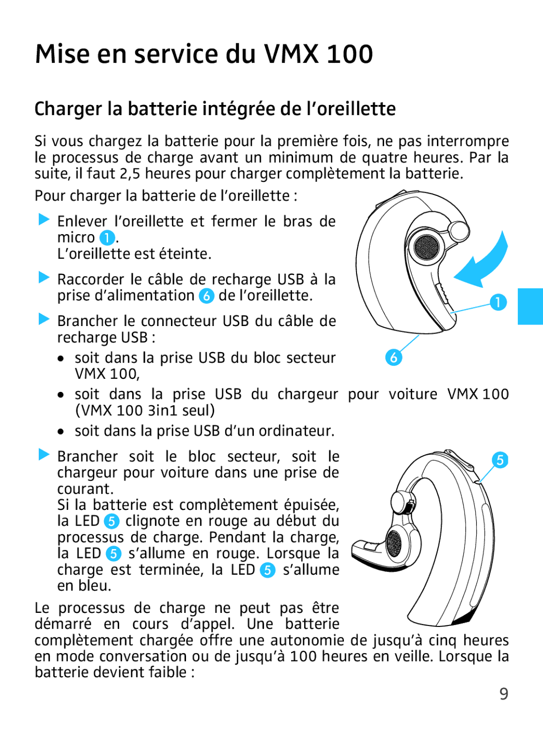 Sennheiser VMX 100 instruction manual Mise en service du VMX, Charger la batterie intégrée de l’oreillette 