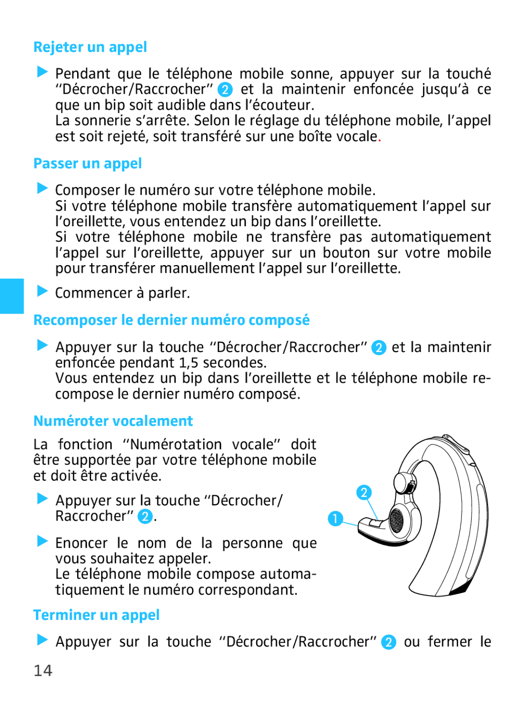 Sennheiser VMX 100 Rejeter un appel, Passer un appel, Recomposer le dernier numéro composé, Numéroter vocalement 