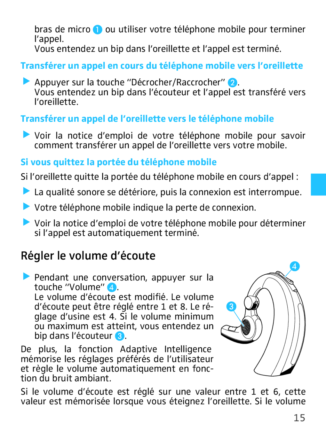 Sennheiser VMX 100 instruction manual Régler le volume d’écoute, Si vous quittez la portée du téléphone mobile 