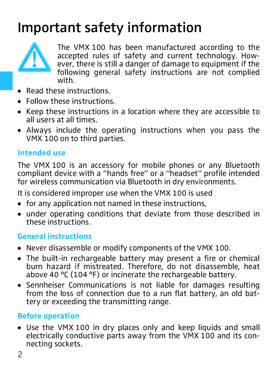 Sennheiser VMX 100 instruction manual Important safety information, Intended use, General instructions, Before operation 