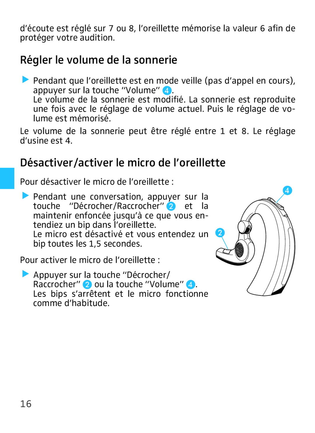 Sennheiser VMX 100 instruction manual Régler le volume de la sonnerie, Désactiver/activer le micro de l’oreillette 