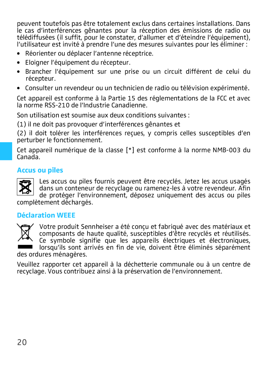 Sennheiser VMX 100 instruction manual Accus ou piles, Déclaration Weee 