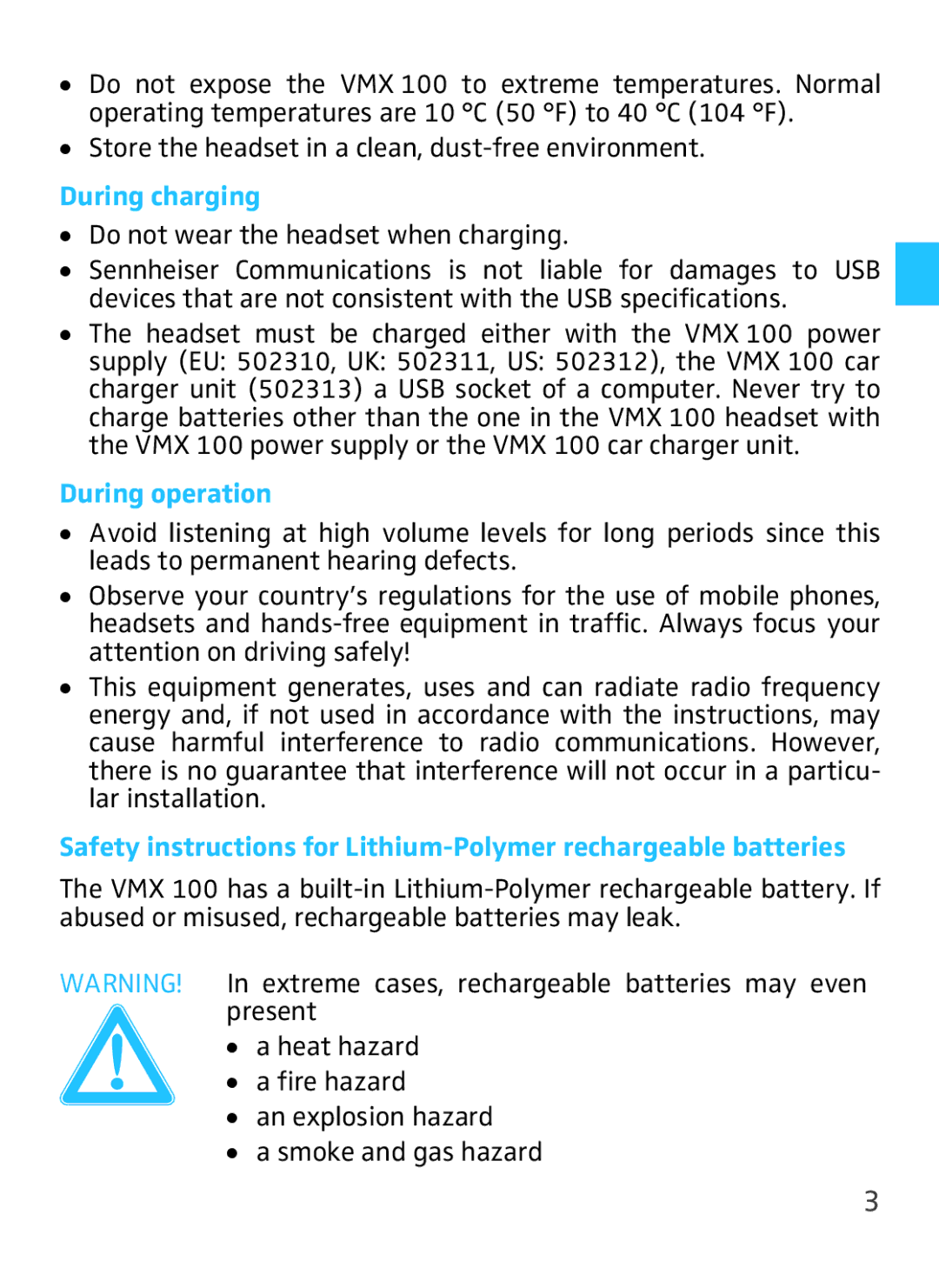 Sennheiser VMX 100 instruction manual During charging, During operation 