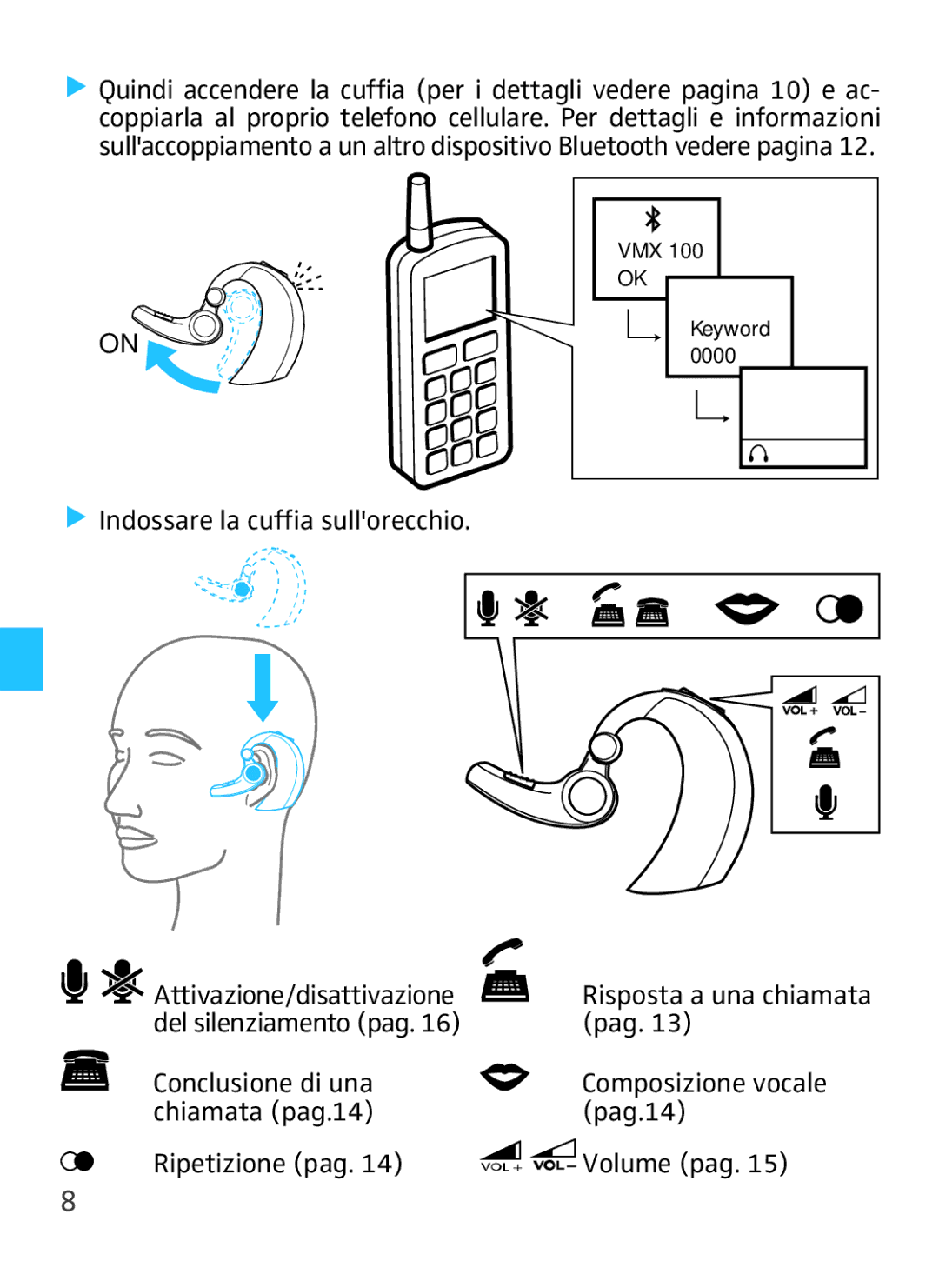 Sennheiser VMX 100 instruction manual Indossare la cuffia sullorecchio Attivazione/disattivazione 