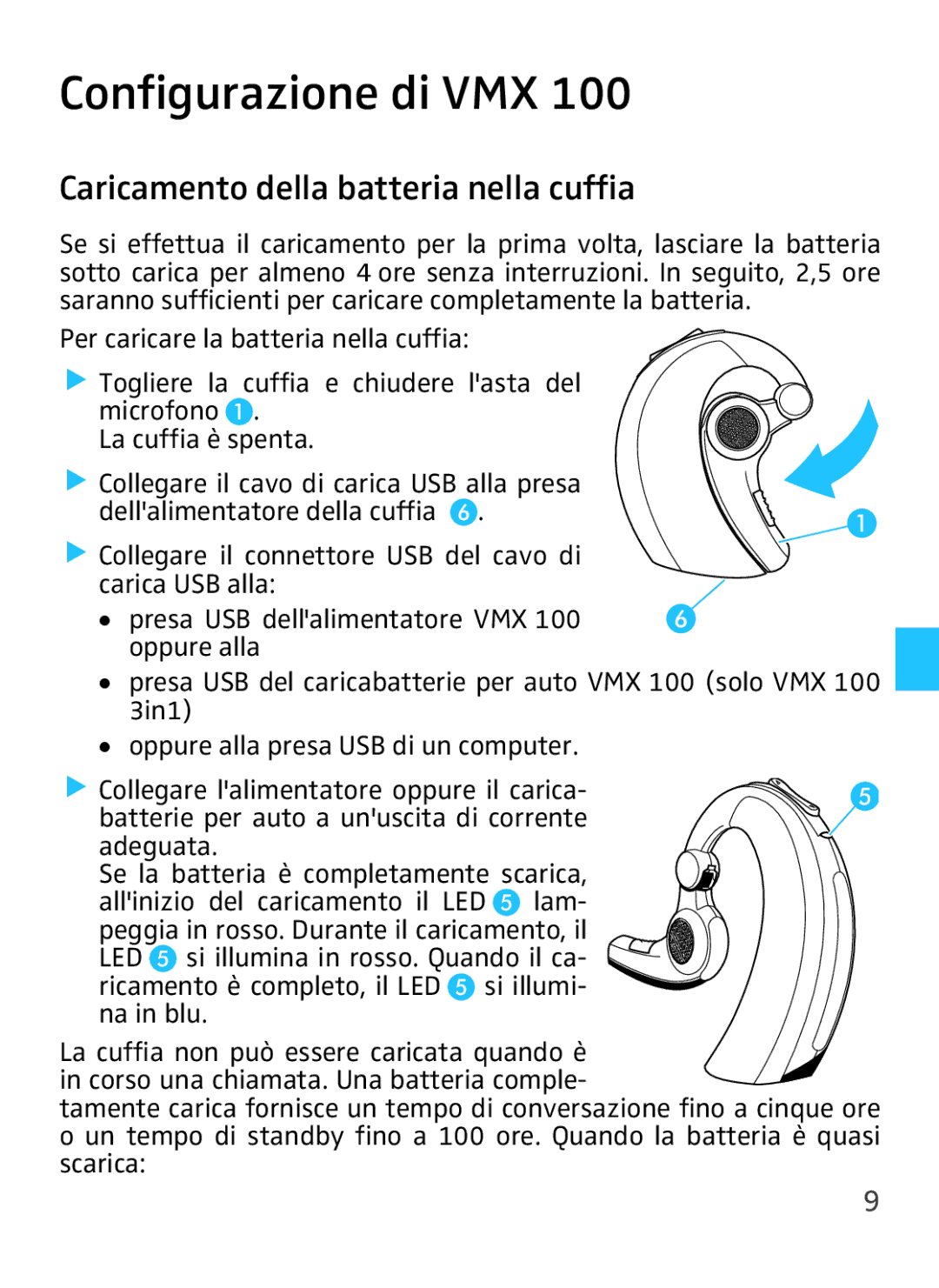 Sennheiser VMX 100 instruction manual Configurazione di VMX, Caricamento della batteria nella cuffia 