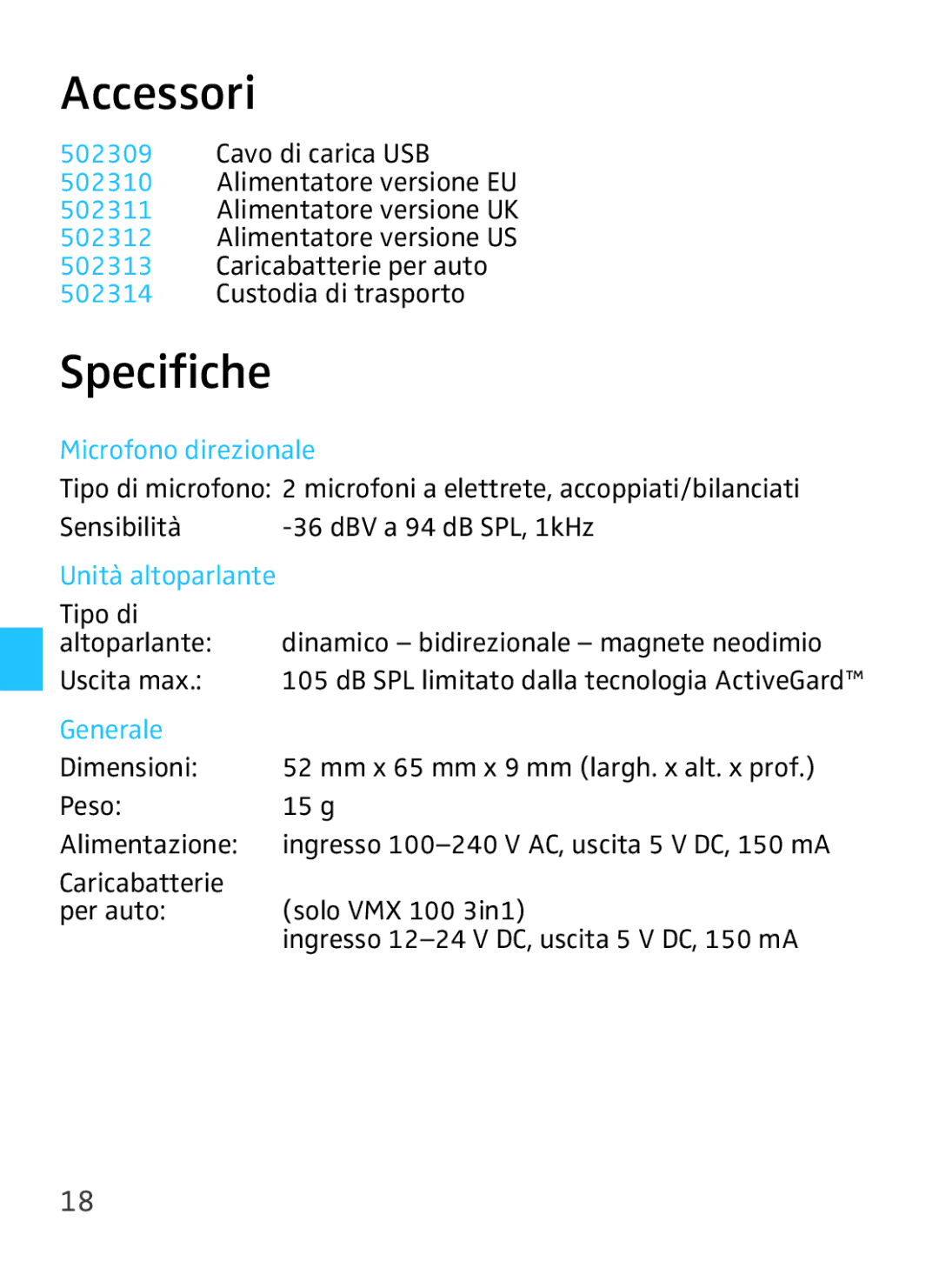 Sennheiser VMX 100 instruction manual Accessori, Specifiche 