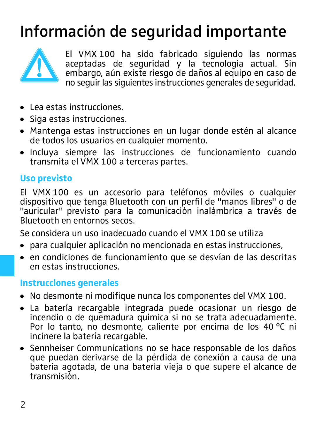 Sennheiser VMX 100 instruction manual Información de seguridad importante, Instrucciones generales 