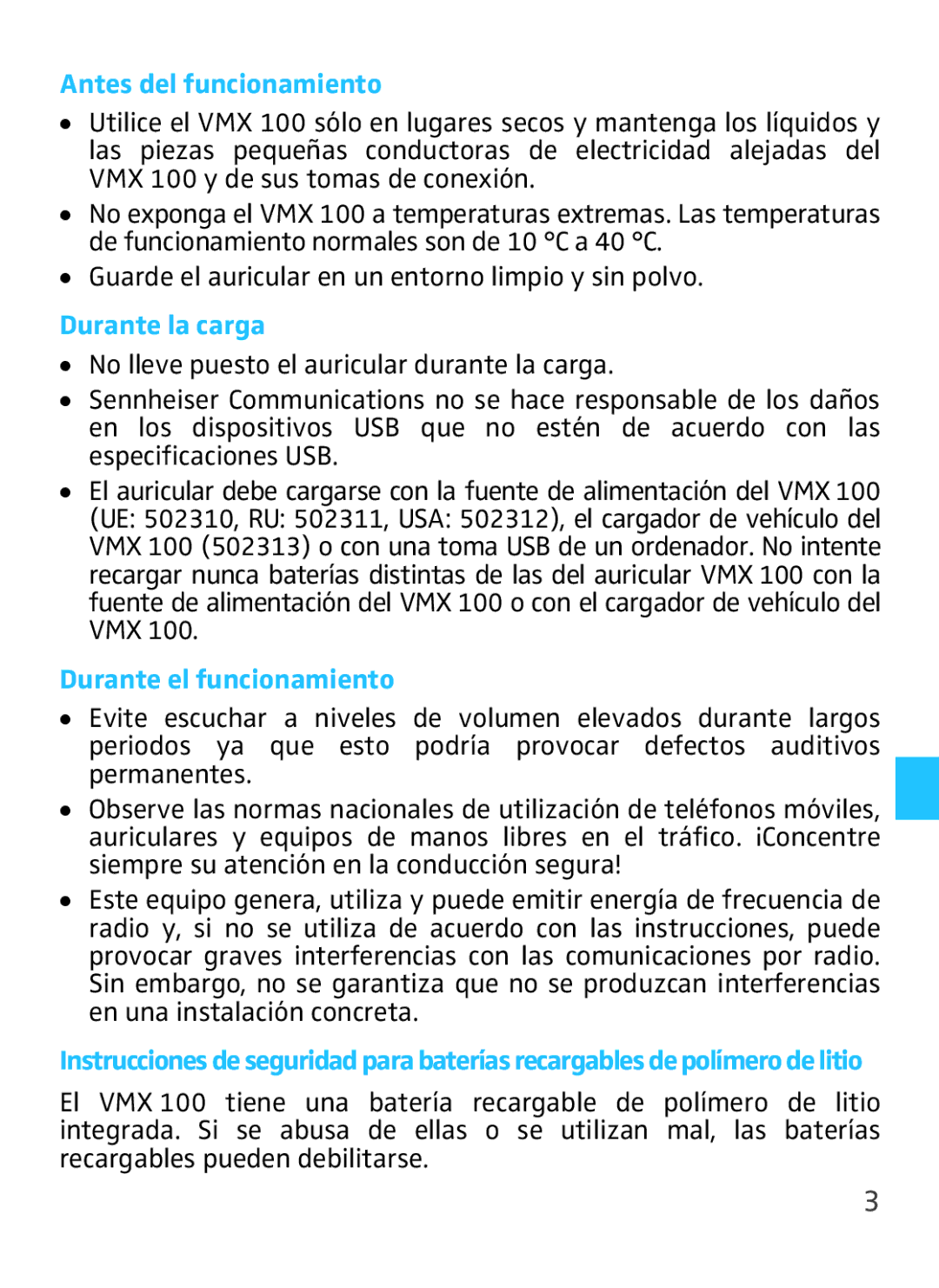 Sennheiser VMX 100 Antes del funcionamiento, Guarde el auricular en un entorno limpio y sin polvo, Durante la carga 