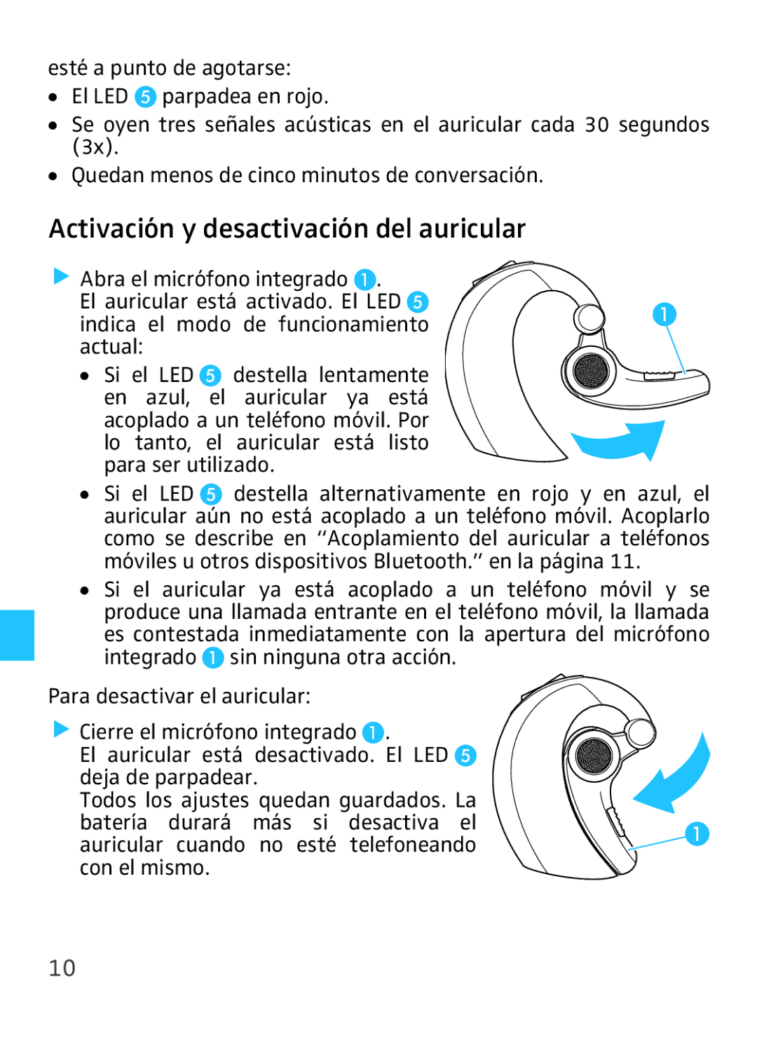 Sennheiser VMX 100 Activación y desactivación del auricular, Abra el micrófono integrado, Indica el modo de funcionamiento 