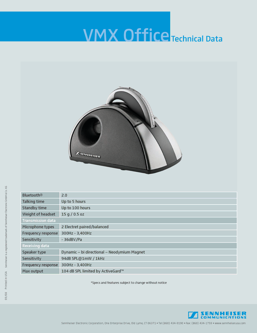 Sennheiser VMXOFFICE manual VMX OfficeTechnical Data, Transmission data, Receiving data 