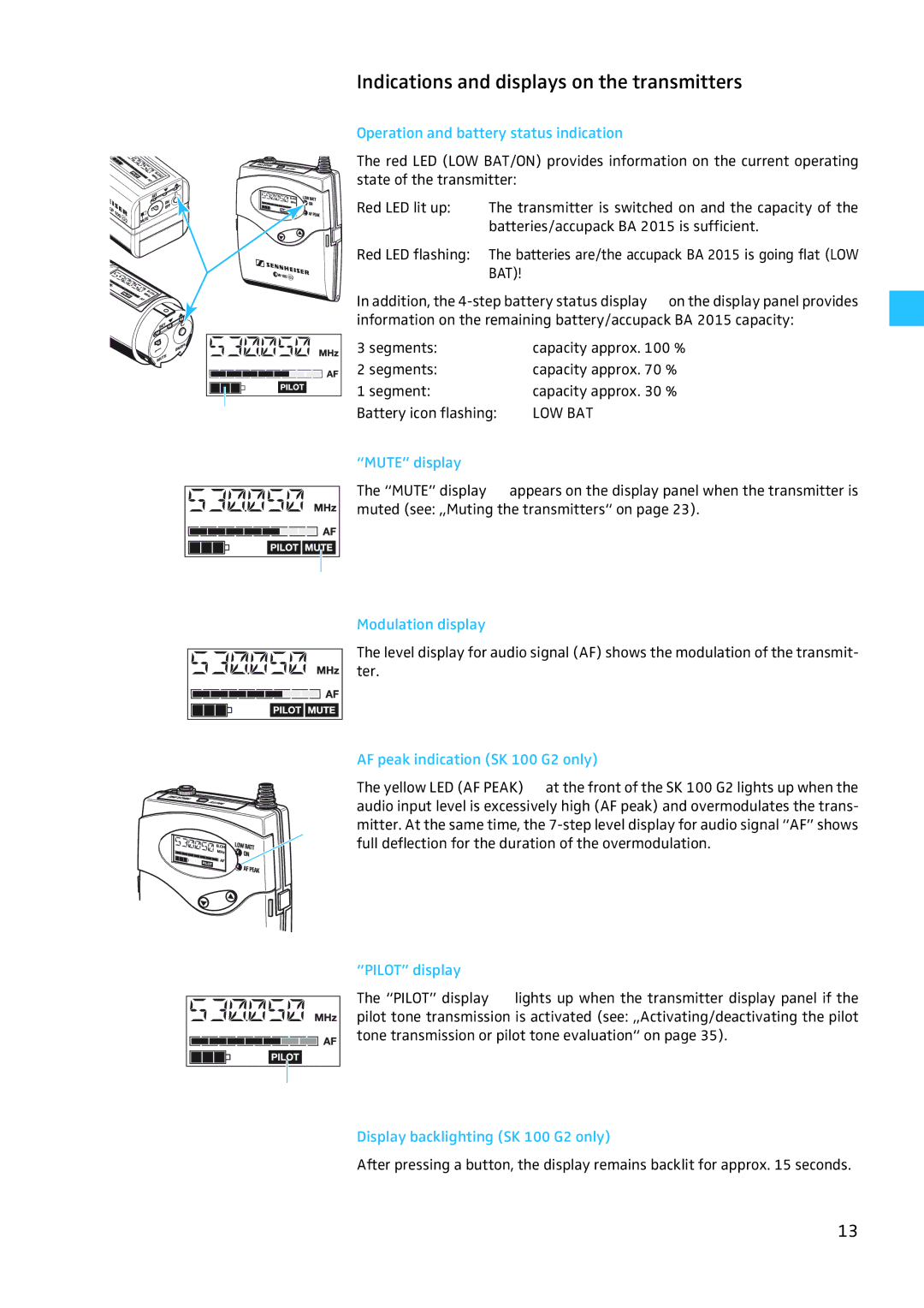 Sennheiser W100 Indications and displays on the transmitters, Operation and battery status indication, Modulation display 